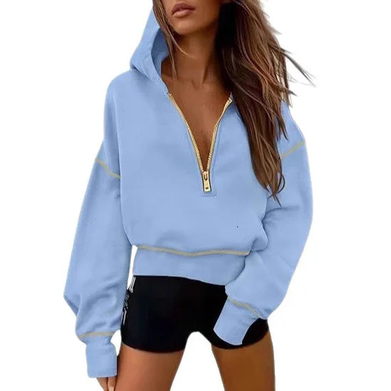 2026 Womens Fashion Basic Casual Versatile Comfortable Long Sleeve Pullover Half Zipper Distressed Hooded Sweatshirt Women 260126