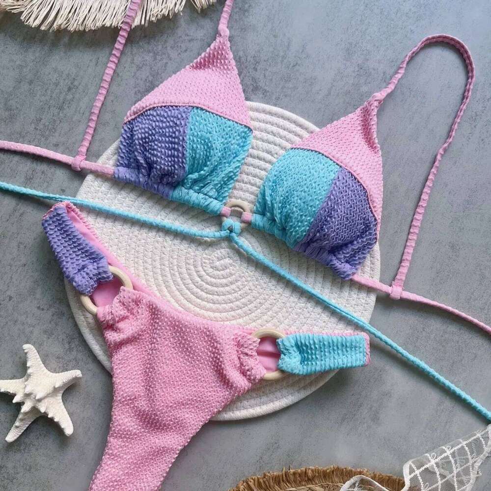 2025 Women's Swimming Suit Spliced New Solid Color Bikini Split Swimsuit C260207