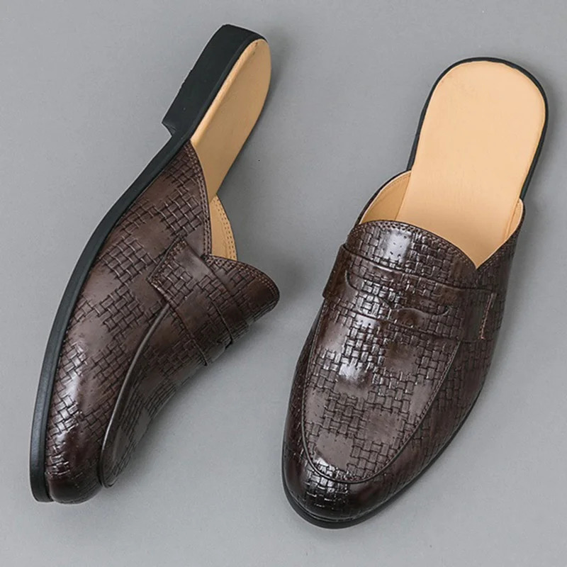 Britain Mens Loafers Business Half Shoes for Male Patent leather Mules Non-slip Outdoor Summer Moccasins 260124