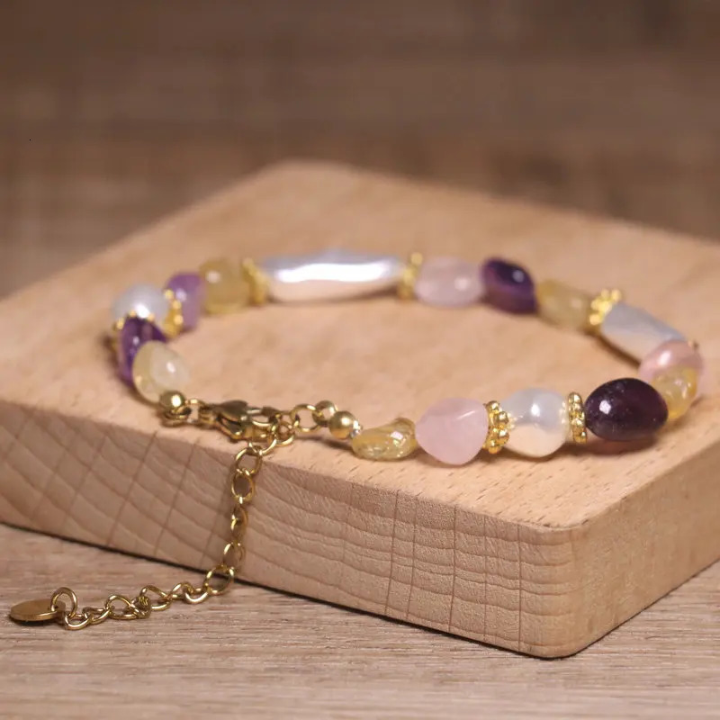 Bohemian Pearl Gemstone Bracelet Handmade Amethyst Rose Quartz Citrine Beads Gold Plated Chain Women Dainty Stackable Jewelry 260107
