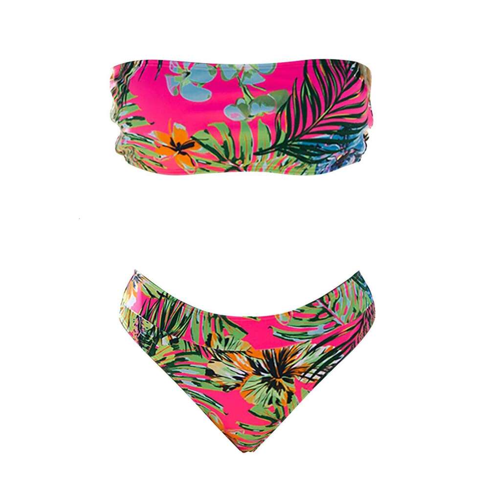Women's Printed Sexy Bandeau Bikini Set High Elastic Mid Waist Strapless Beachwear Swimsuit Summer Spicy Girl Bathing Suit C260207