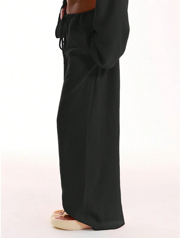 Casual Oversized White Solid Wide Leg Pants Fashion Women Elastic High Waist Pocket Baggy Sweatpant Office Lady Commute Trousers 260130