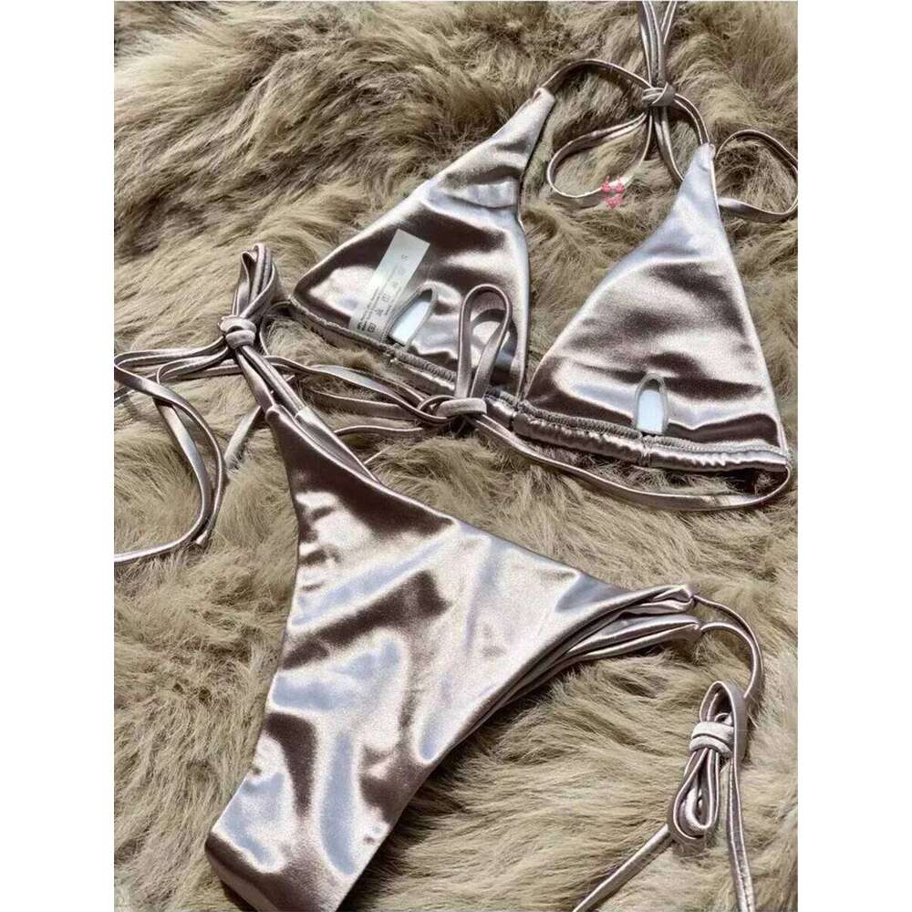 Halter Brazilian Metallic Satin Women Swimwear Female Swimsuit Two-pieces Bikini Set High Cut Bathing Suit Swim Beachwear C260207