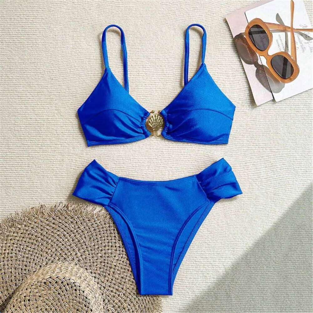 Metal Shell Ring Swimwear Sexy Wine Red Sets Swimsuit Women 2025 Ruched Bathing Suit Swimming Wear Bikinis De Mujer C260207