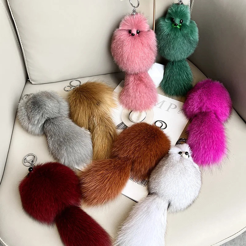 Cute Fluffy Bow-knot Fox Ball Key Chain Rings Pompom Real Fox Fur Charm Keychain Car Bag Key Ring Women Jewelry 260107