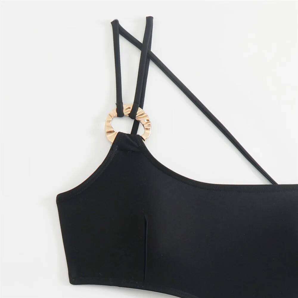 Sexy Black Shoulder Swimsuit One Piece Metal Ring Swimwear with Cover Up Bathing Suit Hollow Out Monokini Swimming Wear C260207