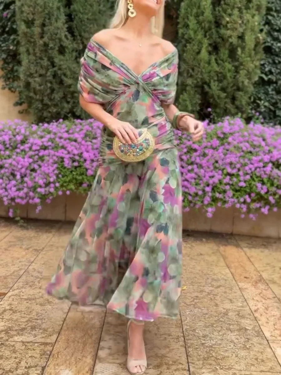 2026 Floral Print High Waist Pleat Party Dress Elegant Women Bat Sleeve Swing Casual Dress Female Chest Low Cocktail A-Line Dress R260208