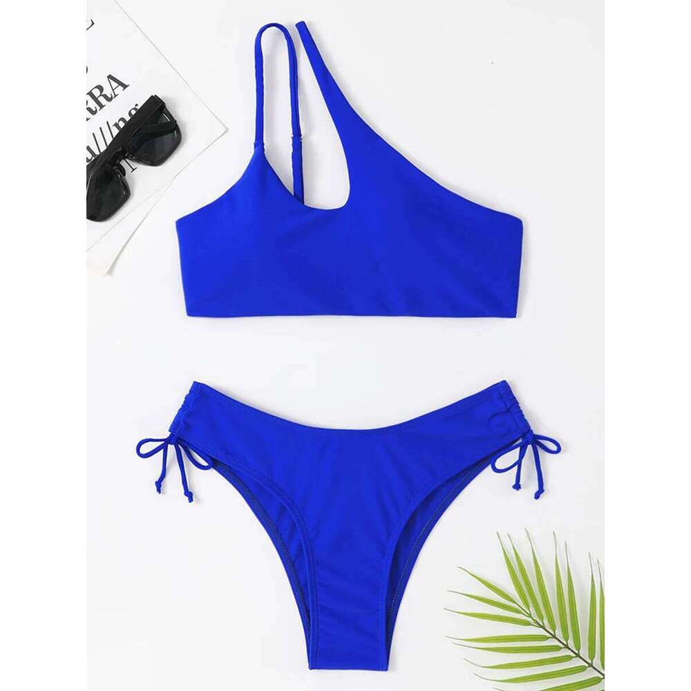 One Shoulder Bikinis 2025 Women Cut Out String Swimsuit Solid Sexy Swimwear Female Bathers Bathing Swimming Swim Suit Beachwear C260207