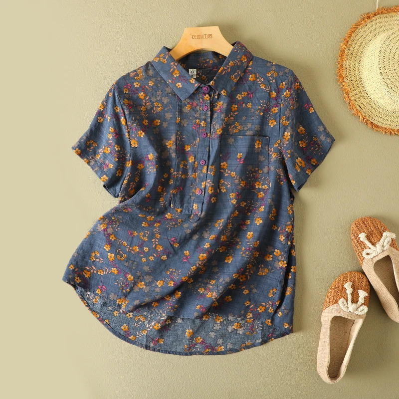 Vintage Floral Print Womens Shirt Summer Fashion Short Sleeve Pocket Loose Casual Blouse Female Comfortable Soft Thin Daily Top 260207