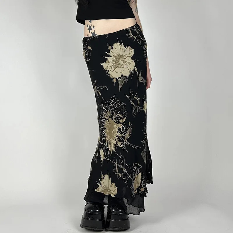 Goth Dark Y2K Aestheics Double Layer Mesh A-line Skirt Women Fashion Florals Print Slim Skirts Fairy Streetwear Gothic Bottoms 260122