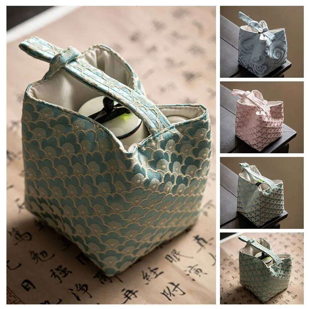 Chinese Style Embroidered Flower Print Handbag Tea Tools Storage Bag Solid Color Small Item Pouch