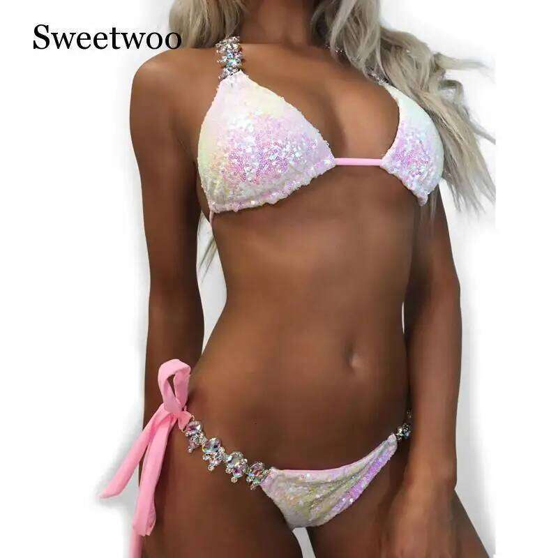 New Ornaments Swimwear Women Sequins Diamond Bikini set Bathing Suit Sexy Push up Stones Straps Swimsuit Monokini C260207