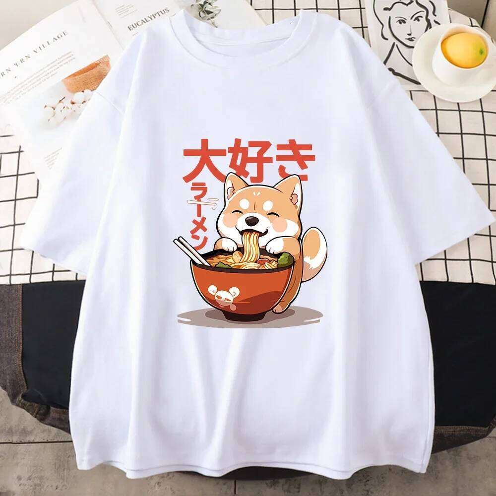 Shiba Inu Enjoying Ramen T-shirts Tee-shirt Casual Women Kawaii Tshirt Cute Girls Shirts Summer Streetwear Fashion Y2K C260207
