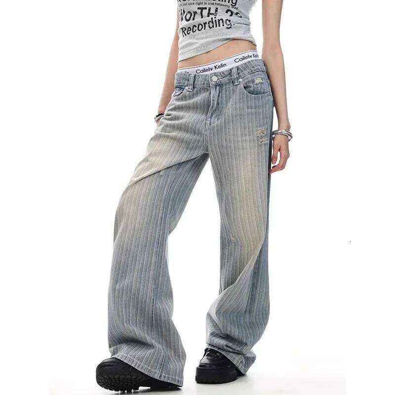 Y2K Baggy Striped Long Denim Jeans Loose High Street Micro Flared Cleanfit Casual Trousers For Womens