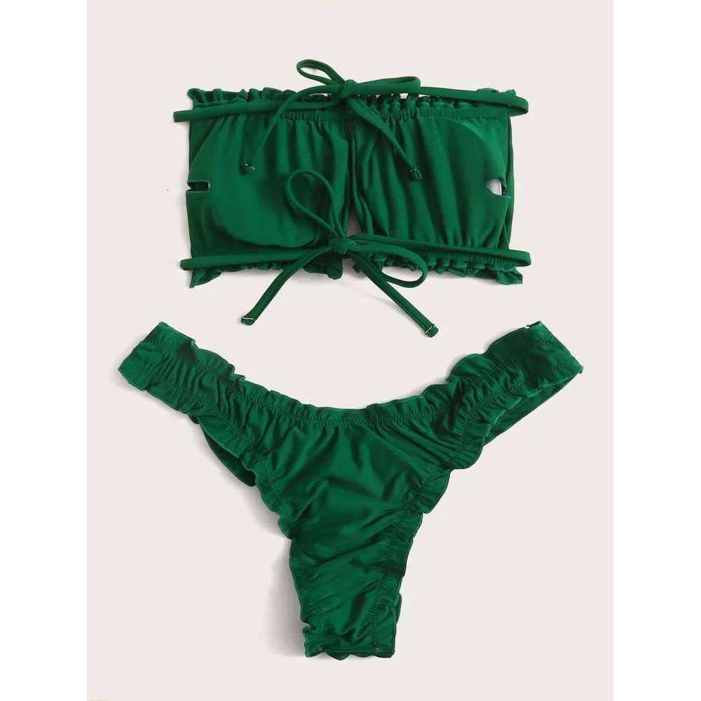 Swim Summer Beach Ruched Lettuce Trim Bandeau Bikini Set C260207