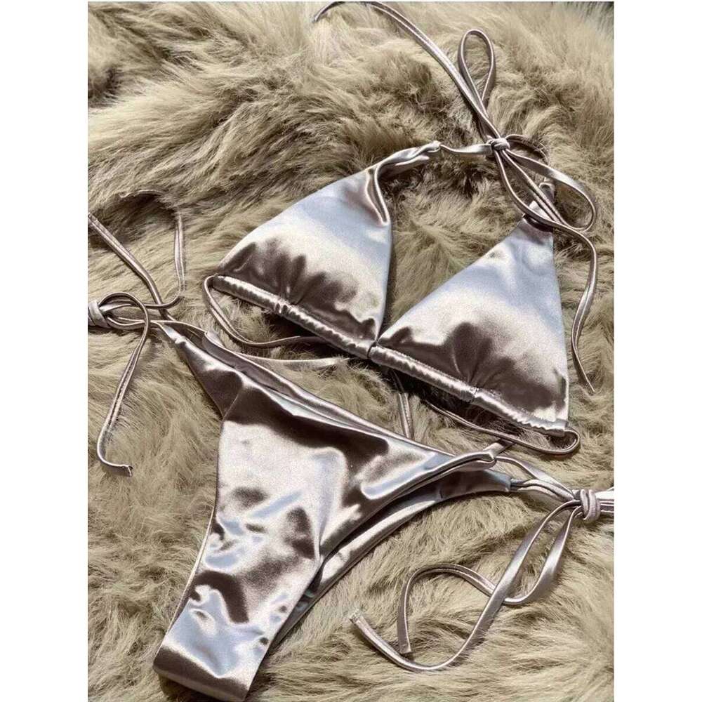 Halter Brazilian Metallic Satin Women Swimwear Female Swimsuit Two-pieces Bikini Set High Cut Bathing Suit Swim Beachwear C260207