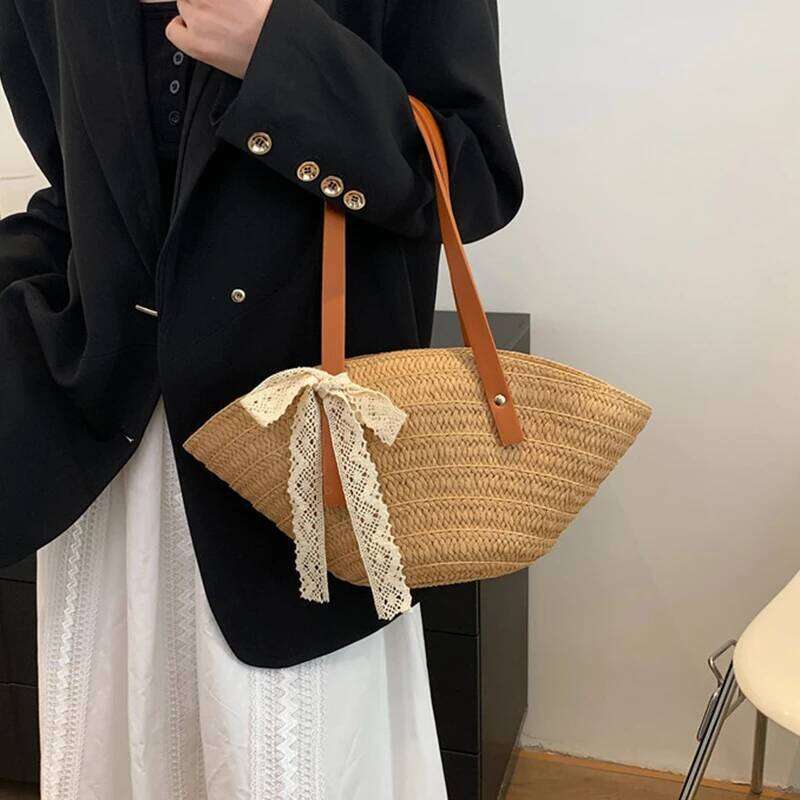 Women Braided Basket Clutches Large Straw Portable Shoulder Bag Summer Beach Purses Shopper Satchel C260207