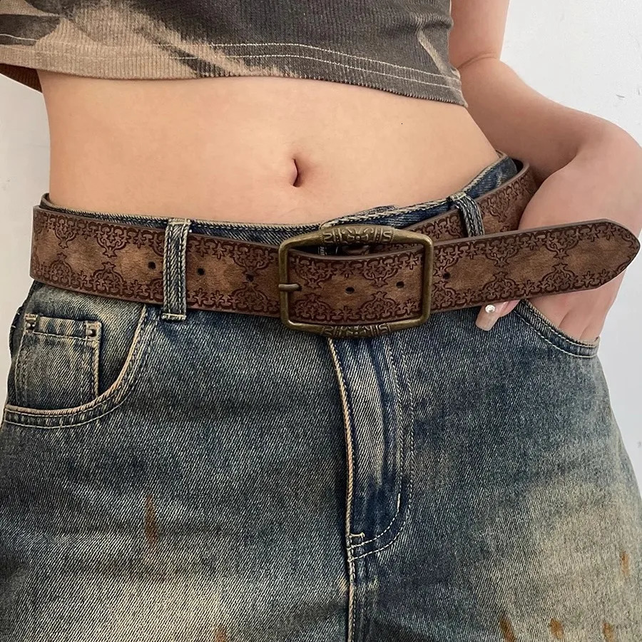 1pcWomen Western Belt Vintage Metal Buckle Leather Belts Country Cowboy Cowgirl Belt for Jeans 260124