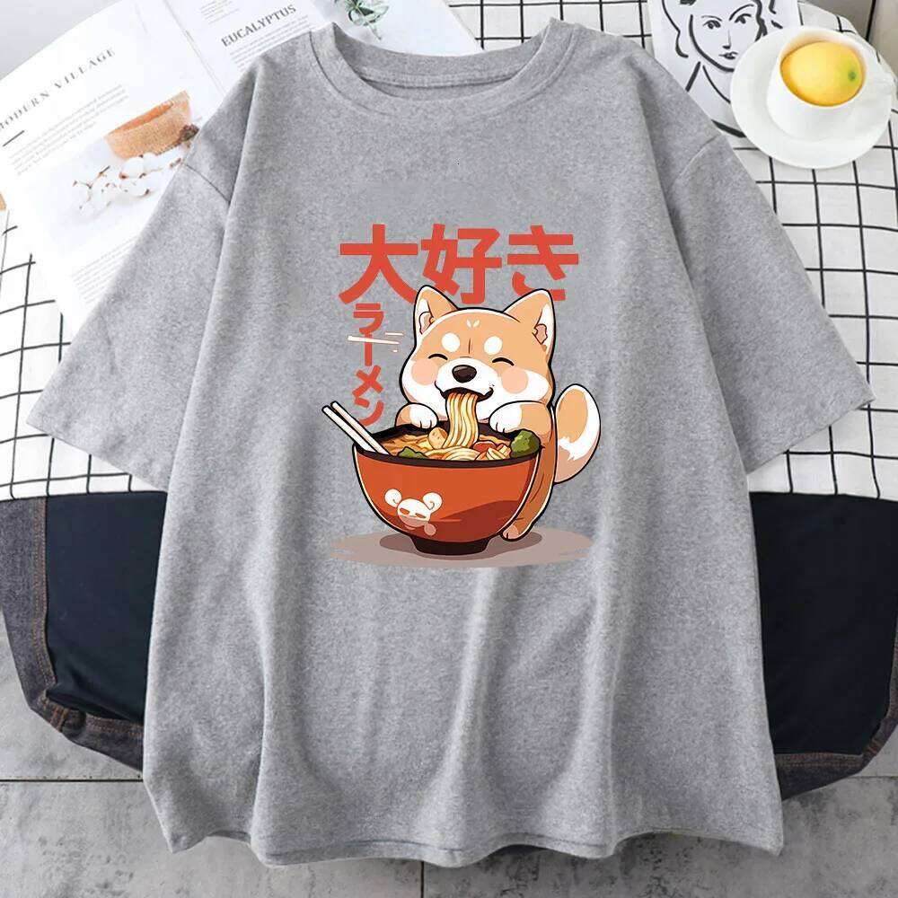 Shiba Inu Enjoying Ramen T-shirts 100% Cotton High Quality Summer Tee-shirt Casual Women/Men Kawaii Tshirt Cute Girls Shirts C260207