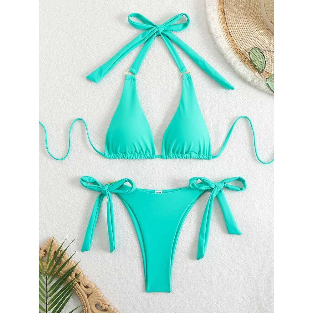 Woman Swimsuits 2025 Sexy Bikini Women Swimwear Halter Tie Bathing Suit Lace Up Beach Wear Swimming Fo Female Thong Bikinis Sets C260207