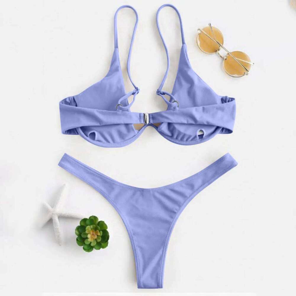 Sexy Underwire Bikini 2024 Mujer Women Solid Red Push Up Bra Swimsuit Halter V Neck Bathing Suit Mini Micro Thong Swimwear C260207