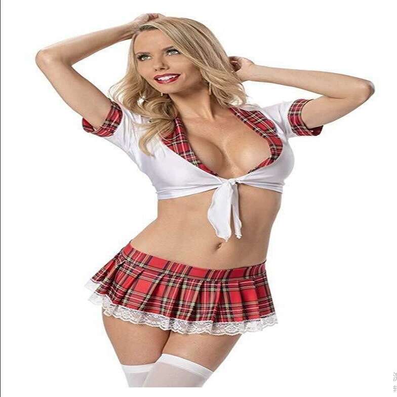 Sexy Plaid Schoolgirl Costume Women White Crop Top with Red Checkered Trim & Pleated Skirt, Perfect for Halloween, Cosplay & Role Play