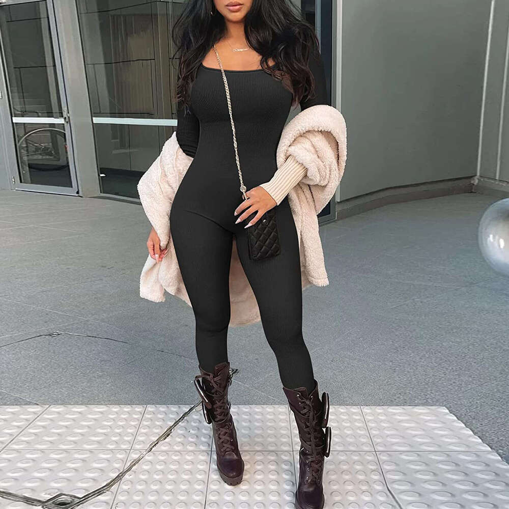 European American foreign trade women s jumpsuit spring and autumn ribbed square neck hip lifting slim fit sexy luanyun