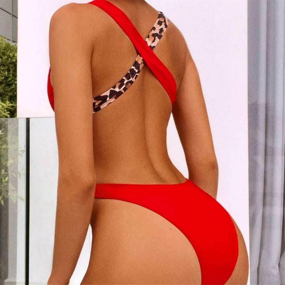 Red Leopard Bikini Patchwork Hollow Out Bandage Monokini Sexy Backless Swimsuit Women Swimwear Brazilian Beach Wear Bathing Suit C260207