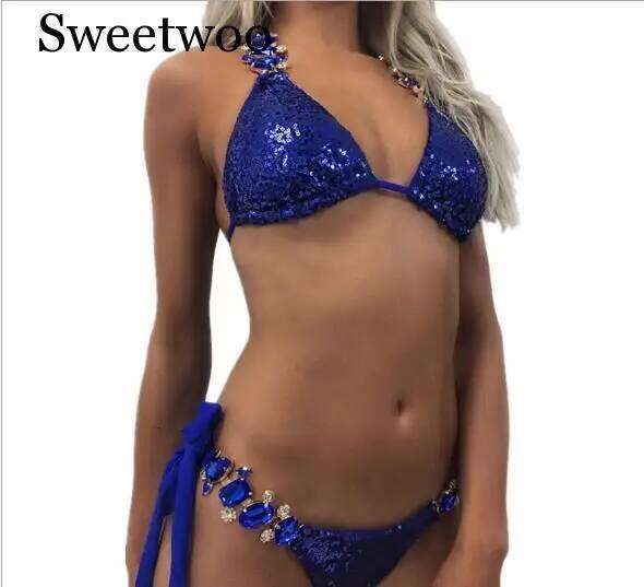 New Ornaments Swimwear Women Sequins Diamond Bikini set Bathing Suit Sexy Push up Stones Straps Swimsuit Monokini C260207
