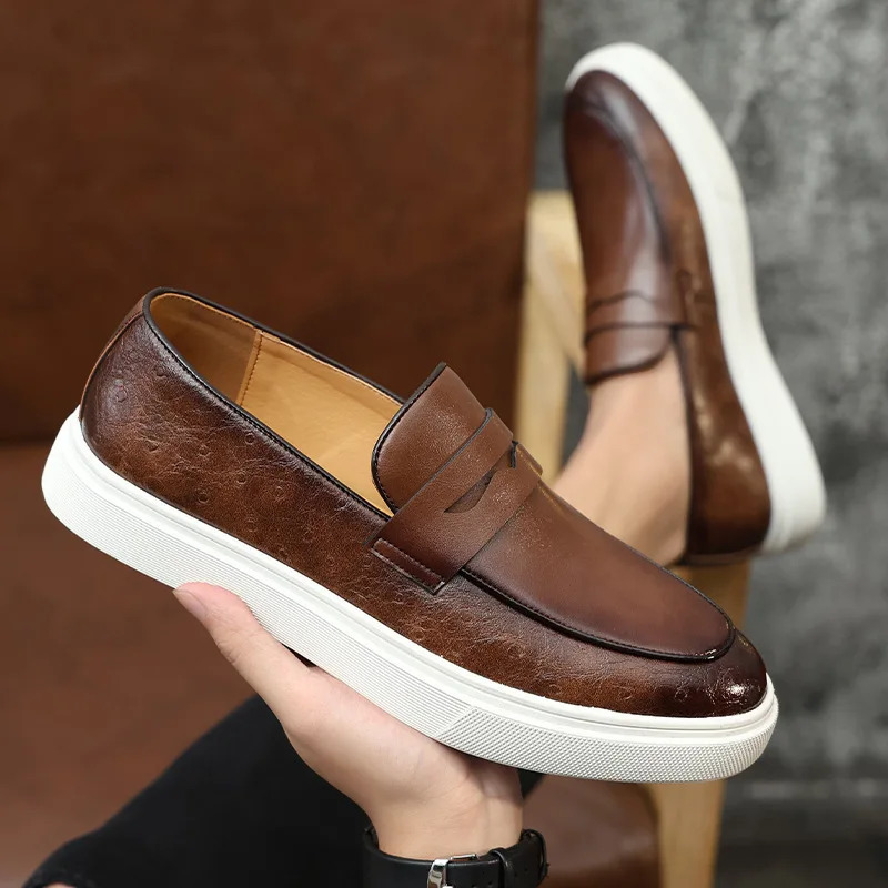 Fashion Mens Casual Shoes Embossed Leather Men British Style Penny Loafers Slipon Thick Sole Outdoor Flats 260126 - view 3