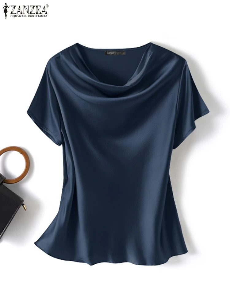 Women Summer Blouses ZANZEA Fashion Satin Tops Short Sleeve Blusas Female O Neck Casual Home Wear Tunic Chemise Oversized 260207