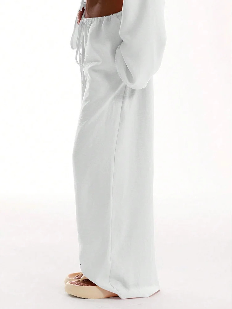 Casual Oversized White Solid Wide Leg Pants Fashion Women Elastic High Waist Pocket Baggy Sweatpant Office Lady Commute Trousers 260130