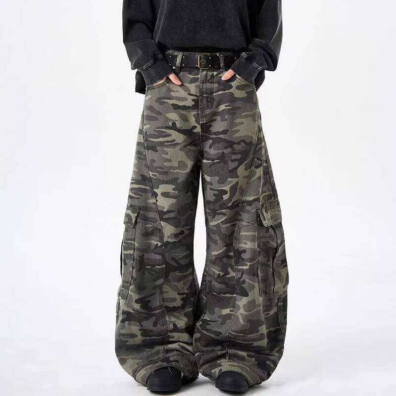 PFNW Camouflage Men Wide-Leg Cargo Pants 2025 Autumn New Trendy Contrast Color High Street Male Trousers