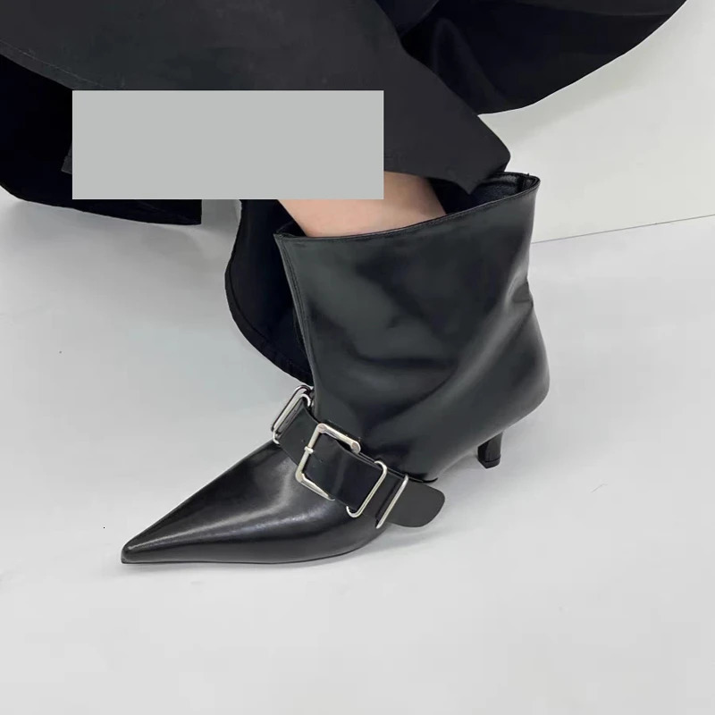 Chinese Style 2025 Belt Buckle Fashion Boots High Heel Pointed Toe Booties MidLeg 260208