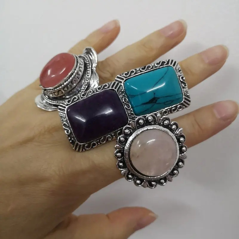 10Pcs/Lot Natural Stone Rings For Women/Men Mix Style Vintage Carved Silver Plated Ring Fashion Party Jewelry Gift 260107