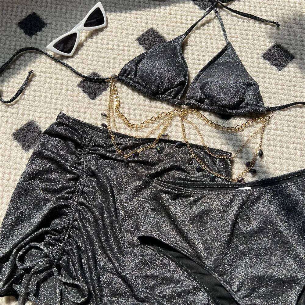 Shiny Blue String Halter Triangle 3 Piece High Waisted Bikini Set Swimwear Skirt Cover Up Rhinestone Chaining Swimsuit Beachwear C260207