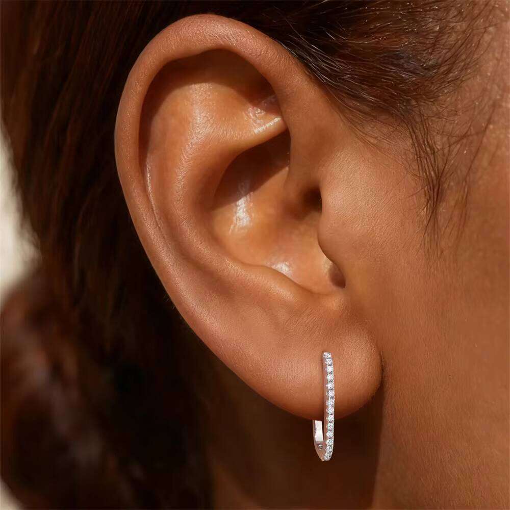 Rhodium Plated 925 Sterling Silver U Shape Micro Inlaid Moissanite Hoop Earrings Minimalist