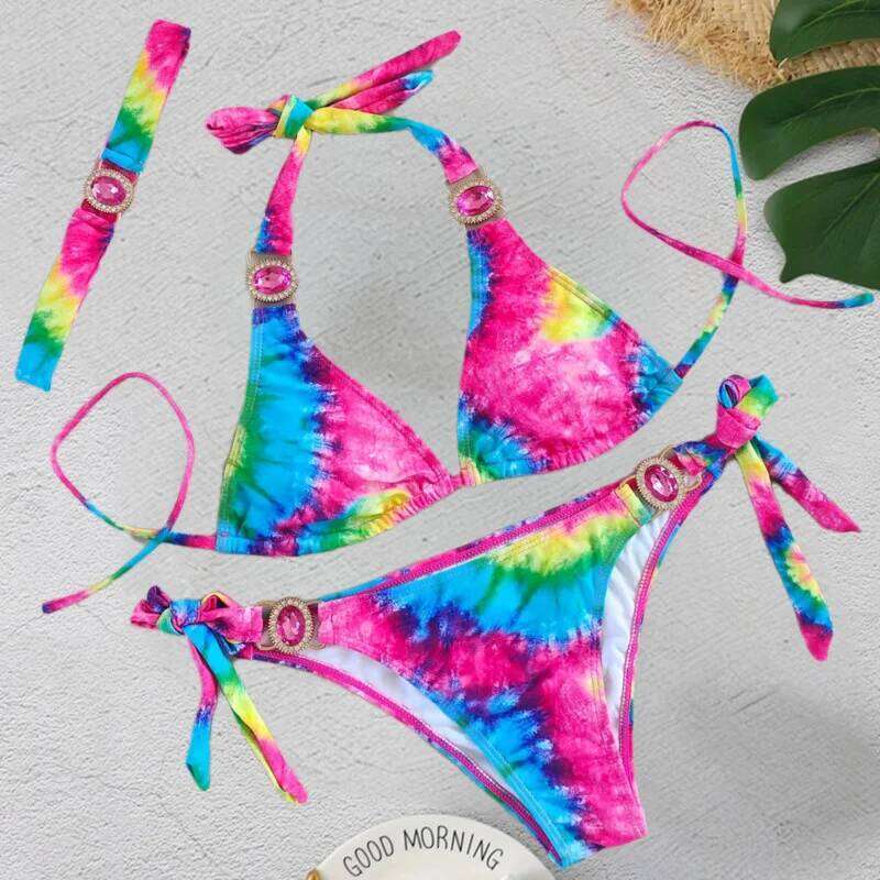 Print Sexy Bikinis Swimsuits With Rhinestones Women's Swimwear Female Push Up Bikini Beach Swim Wear Bathing Suits Pool Bather C260207