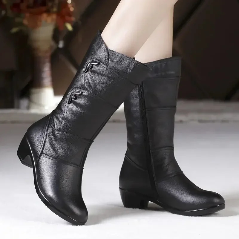Middle Boots Winter Womens Korean Style Low Heel Solid Color Fleece Warm Plus Size Outdoor AntiSkid 260208