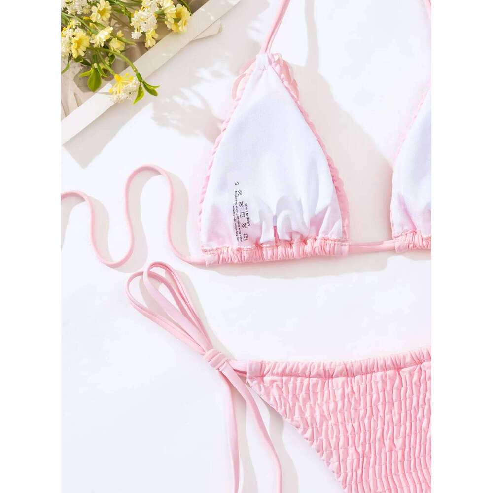 sexy 3D pink flower wrinkled halter string bikinis sets two pieces high waist swimsuit padded thong swimwear female bathing suit C260207