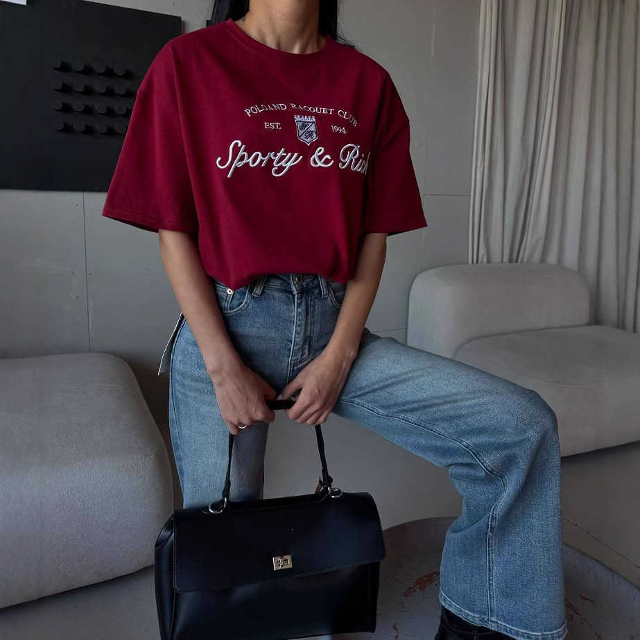 American-Style Basic Versatile Short-Sleeve T-Shirt for Women Summer Euro-American Style Versatile Letter Embroidery Contrast-Color T-Shirt Wholesale