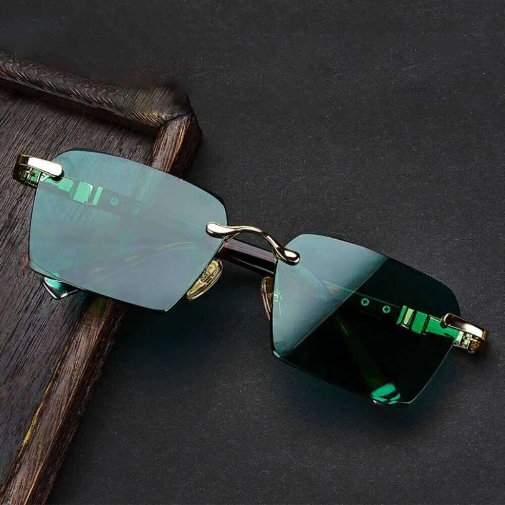 Frameless Men's Green Crystal Stone Metal Outdoor Sunglasses Leopard Print Black Shades Cycling Goggles Y260207