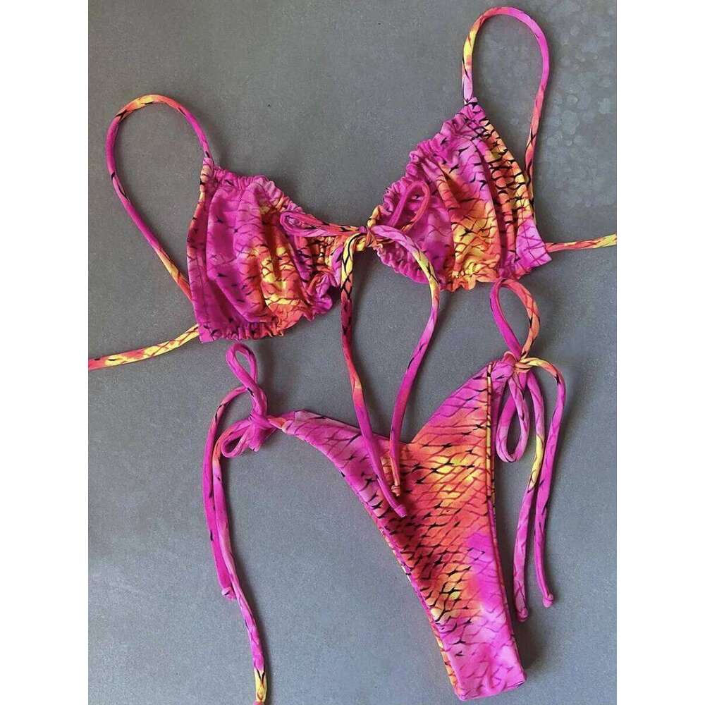 Sexy Printed Ruffled Frilled Thong Women Swimwear Female Swimsuit Two Pieces Bikini set Micro String Bathing Suit Swim C260207