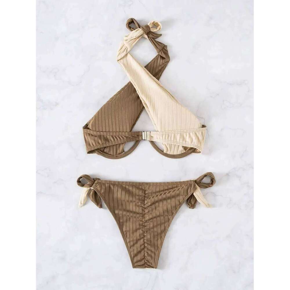 2024 Solid Patchwork Cross Halter Swimwear Women Underwire Push UP Bikini Set Female Swimsuit Sexy High Cut Tied Bathing Suit C260207