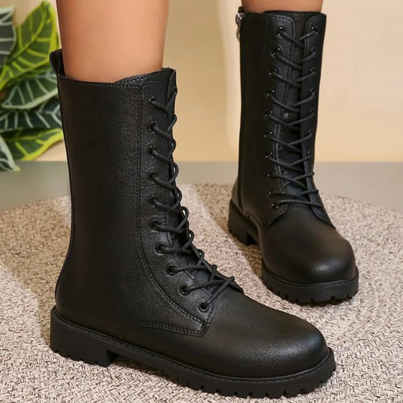 Fashion Lace Up Zipper MidiCalf Boots for Women Autumn Winter 2025 Solid Platform Modern Woman Square Heel Botas Mujer 260208