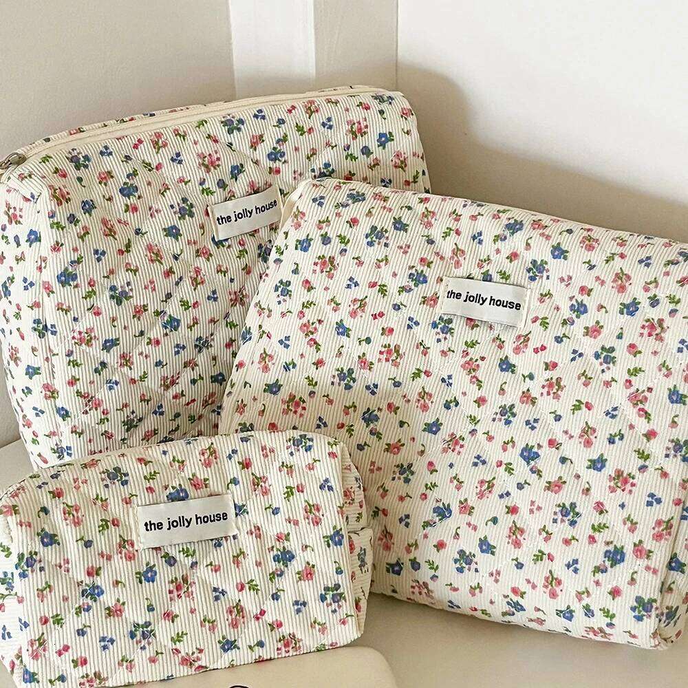 Vintage Flower Women Makeup Bag Portable Ladies Cosmetic Travel Storage Bags Handbags Large Capacity Quilted Cotton Tote Pouch Y260206