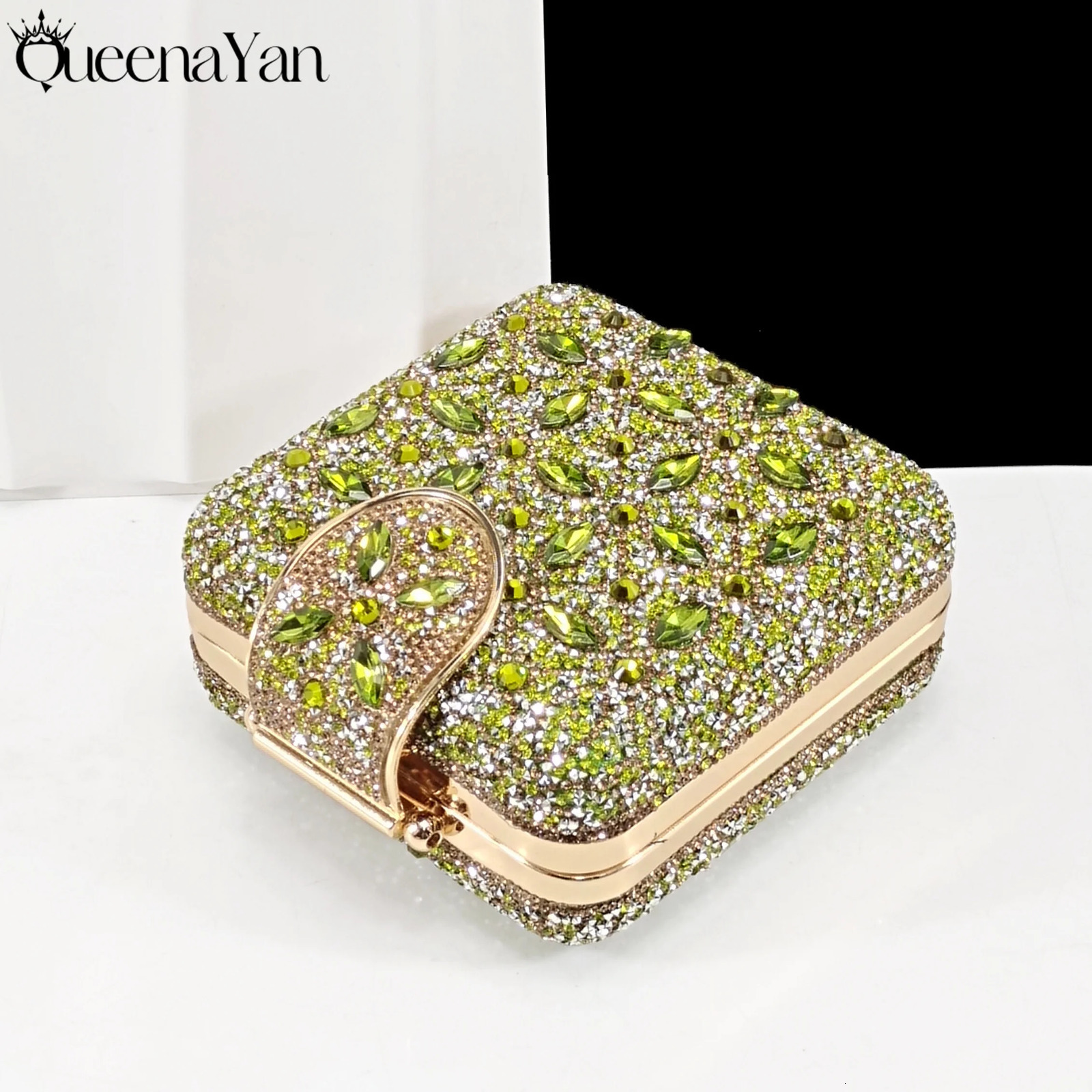 QueenaYan Elegant Full Diamond n Olive Color Italian Womens Shoe and Handbag Set for Weddings Special Occasions 260208