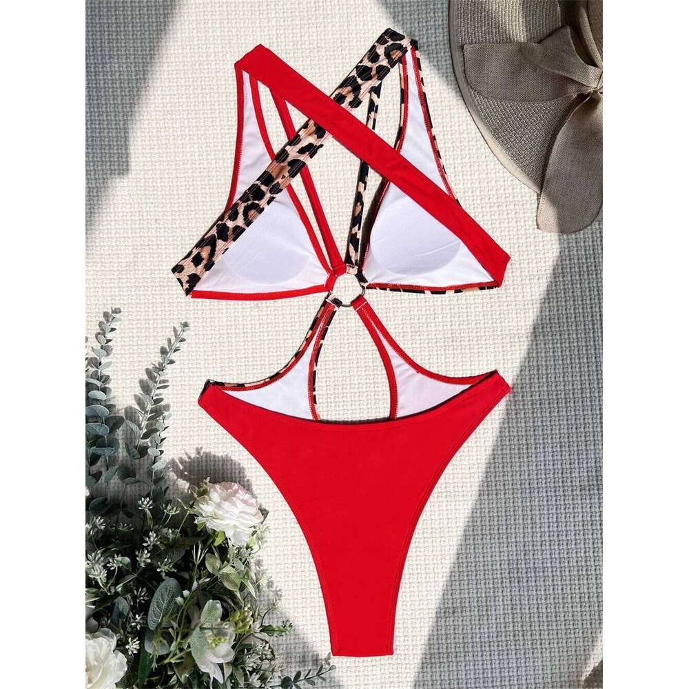 Red Leopard Bikini Patchwork Hollow Out Bandage Monokini Sexy Backless Swimsuit Women Swimwear Brazilian Beach Wear Bathing Suit C260207