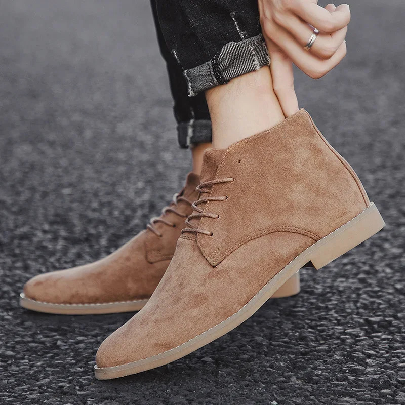 Brown Chelsea Boots Men British Style High Top Suede Leather Shoes for Laceup Pointed Toe n Mens Ankle Zapatos 260208