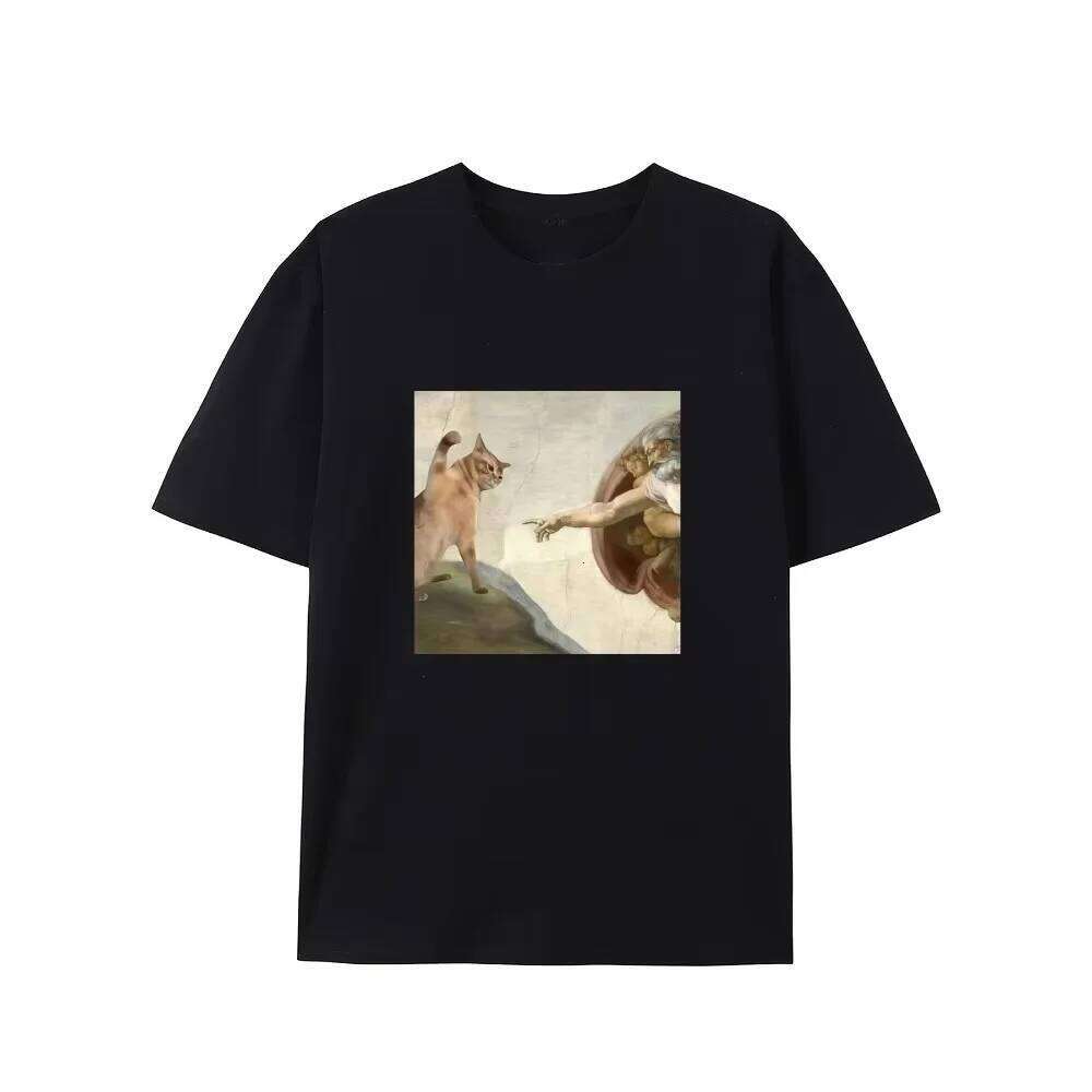 Humorous Cat and Adam Creation Parody Graphic T-Shirt Crew Neck Tee Fit Short Sleeve for Adult Summer Casual Fashion Top C260207